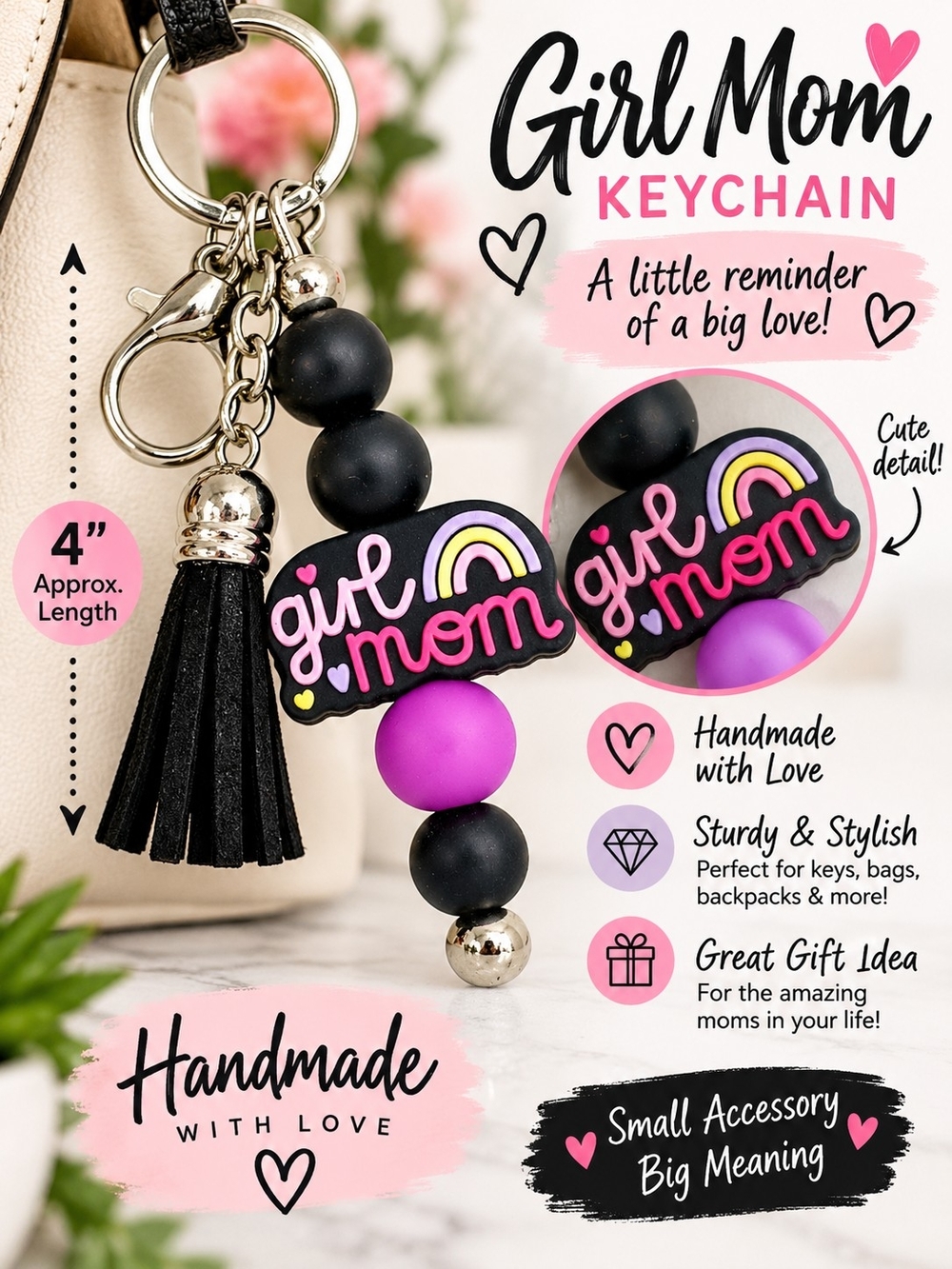 A84. Girl Mom Handmade Beaded Keychain Black & Purple NWT